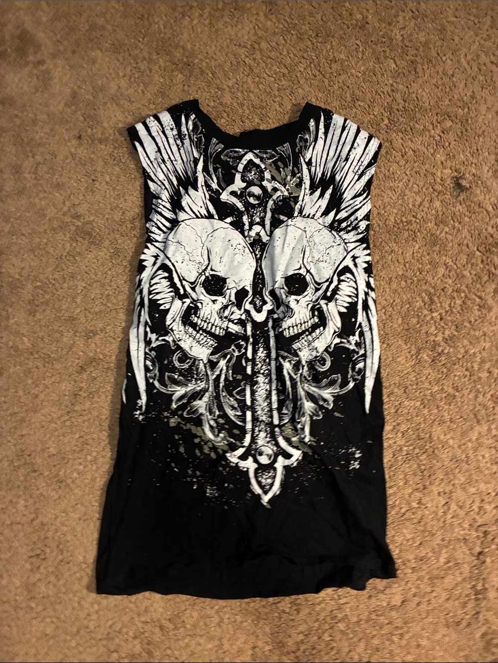 Hot Topic Black Tank Top with White Skull & Wing Graphic